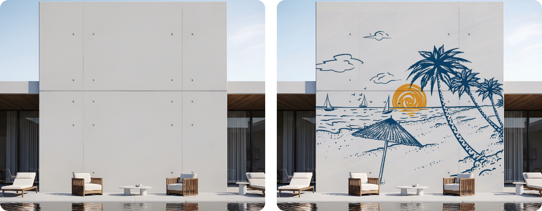 Poolside Concrete Wall Artwork with Coastal Landscape Illustration